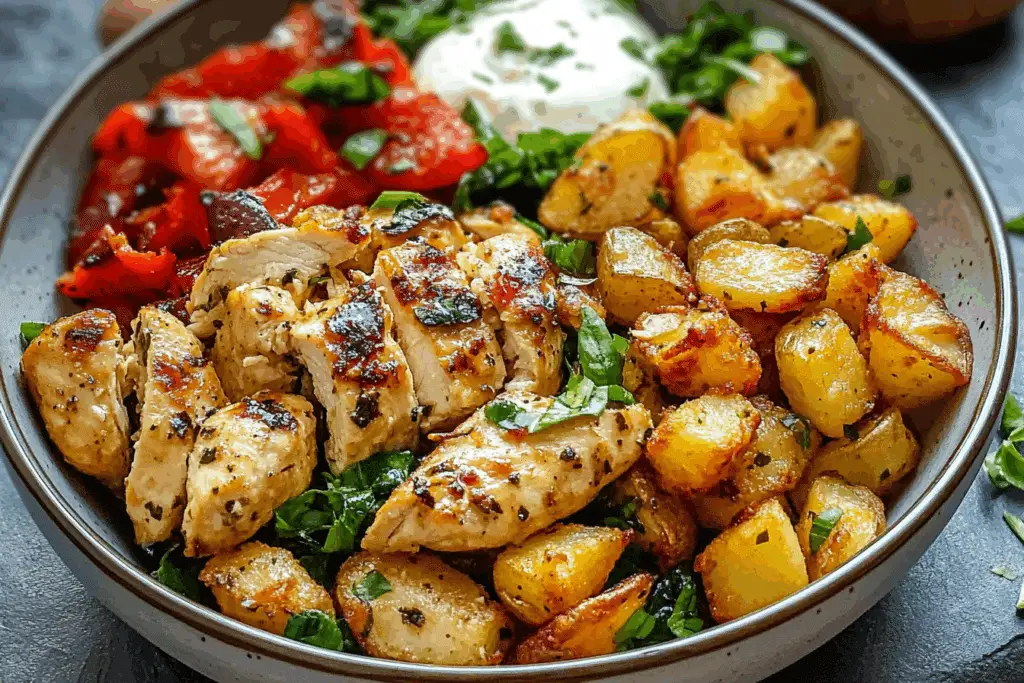 Coconut Basil Garlic Chicken Stir-Fry Bowl with Crispy Potatoes