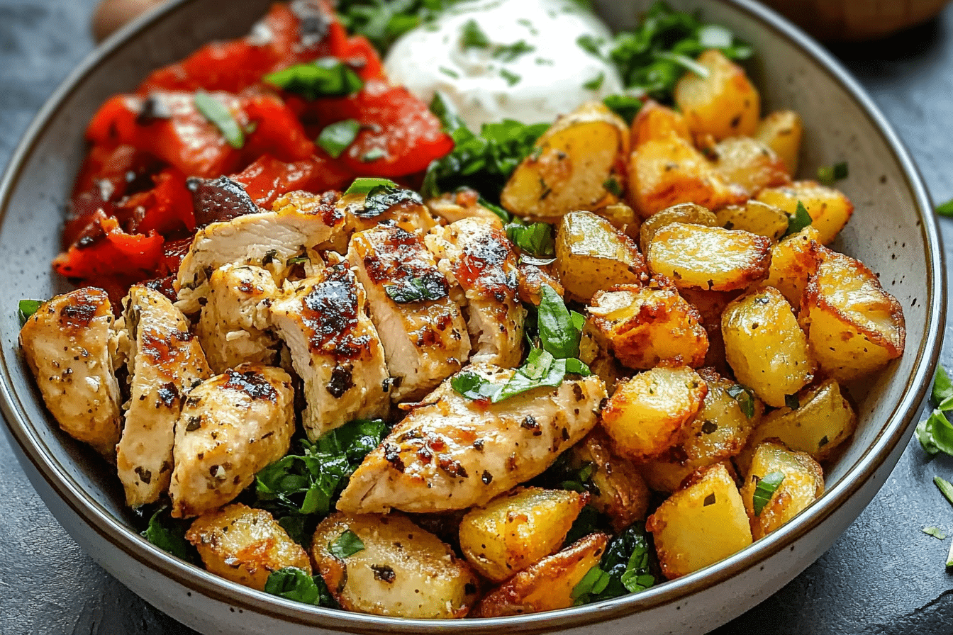 Coconut Basil Garlic Chicken Stir-Fry Bowl with Crispy Potatoes