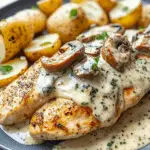 Creamy Garlic Mushroom Alfredo Chicken & Potatoes with Basil Pestoan