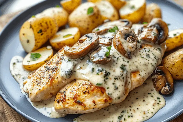 Creamy Garlic Mushroom Alfredo Chicken & Potatoes with Basil Pestoan
