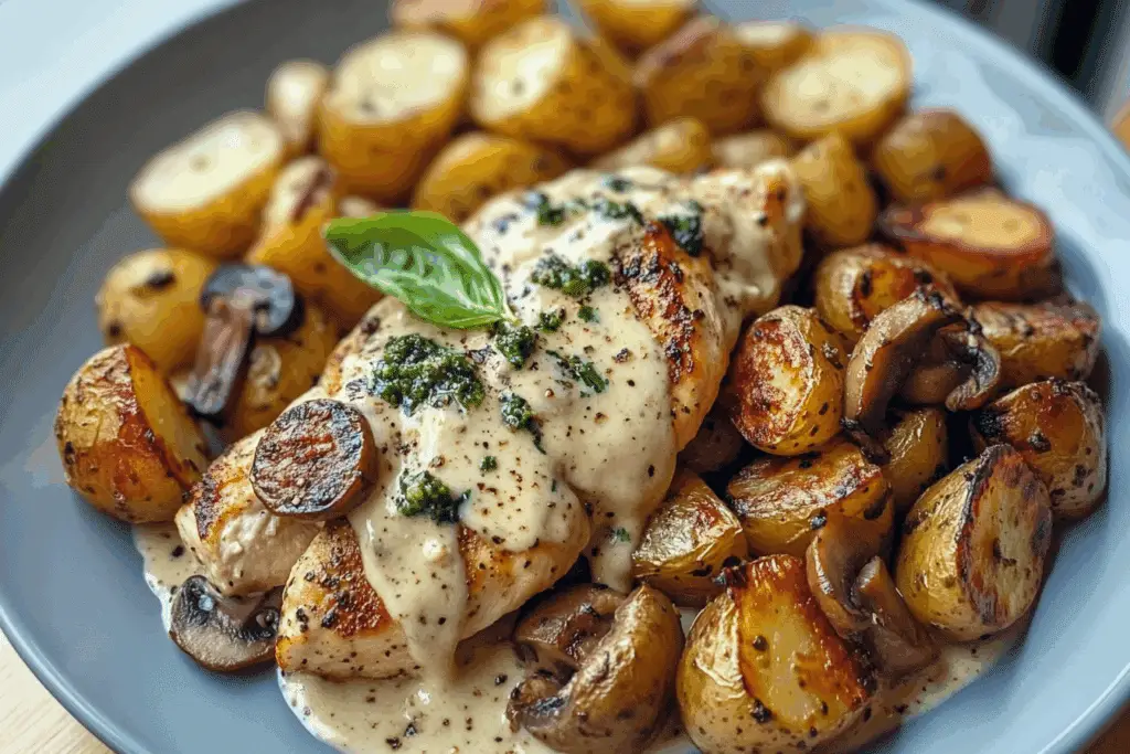 Creamy Garlic Mushroom Chicken Alfredo with Basil Pesto Potatoes