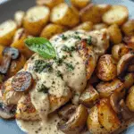 Creamy Garlic Mushroom Chicken Alfredo with Basil Pesto Potatoes