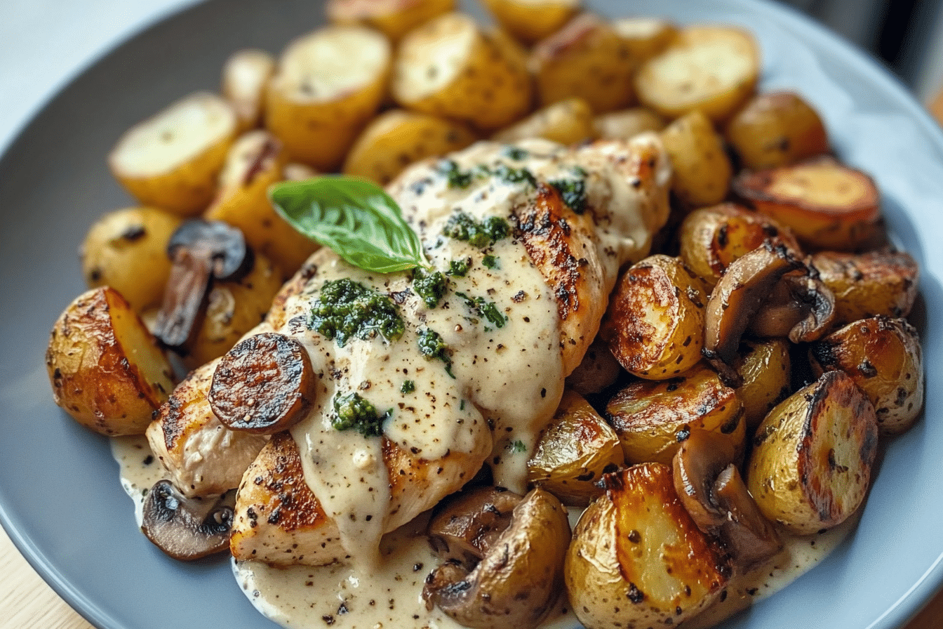 Creamy Garlic Mushroom Chicken Alfredo with Basil Pesto Potatoes