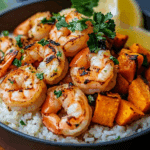 Coconut Garlic Shrimp & Sweet Potato Rice Bowl
