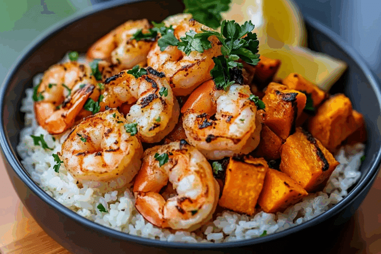 Coconut Garlic Shrimp & Sweet Potato Rice Bowl