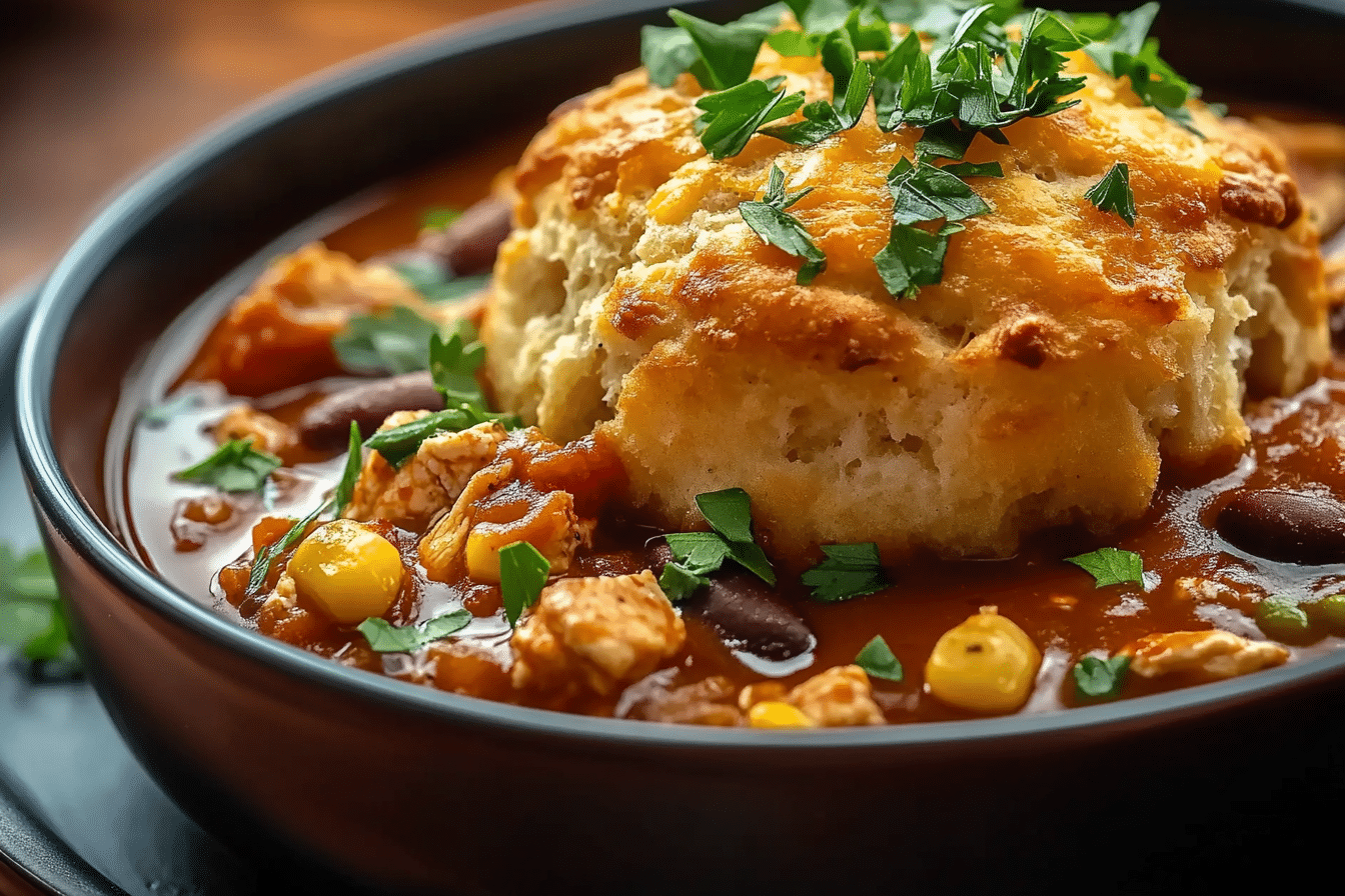 Chipotle Chicken Chili with Cheddar Bay Biscuit Topping