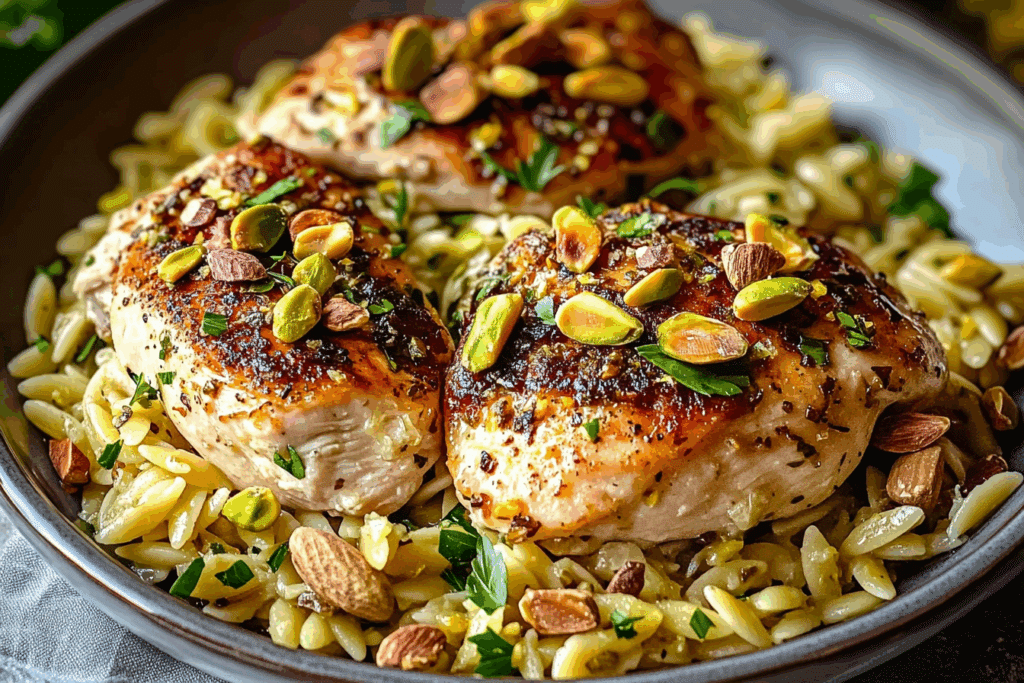 Pistachio Chicken with Lemon Orzo
