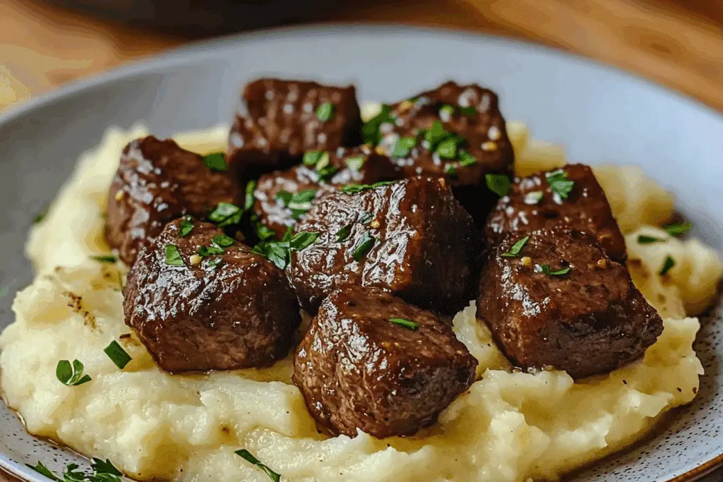 Garlic Butter Beef Bites with Creamy Mashed Potatoes