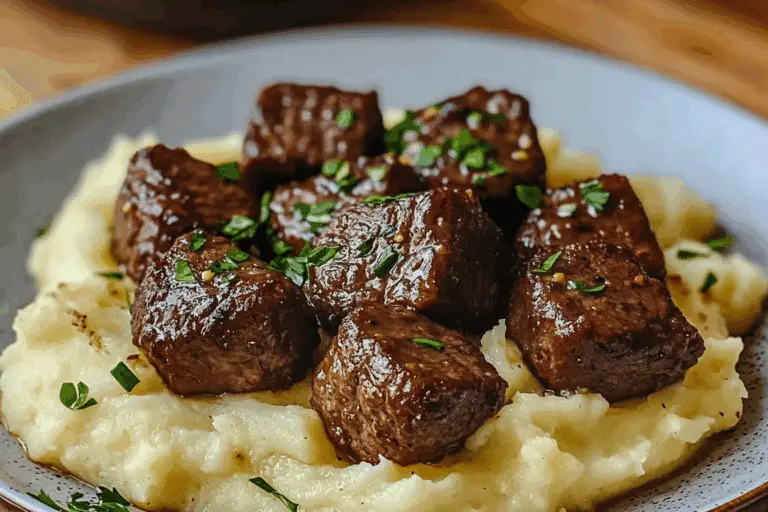 Garlic Butter Beef Bites with Creamy Mashed Potatoes
