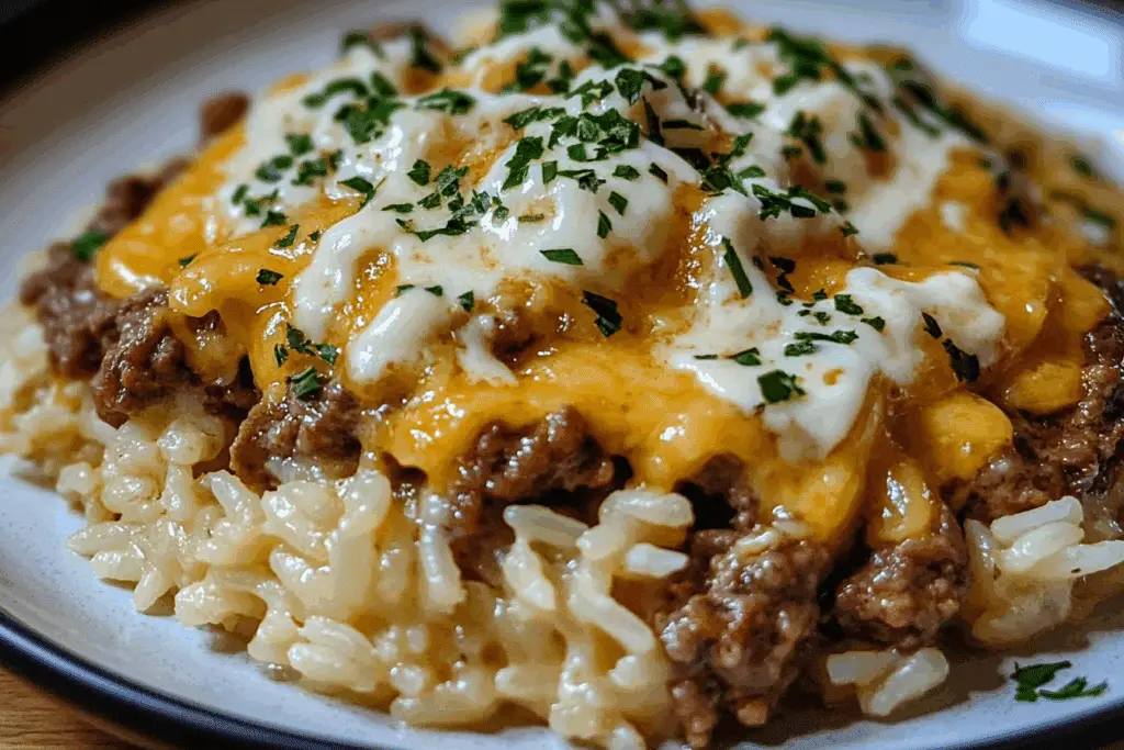 Garlic Butter Beef & Rice Skillet with Cheddar Parmesan Sauce