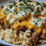 Garlic Butter Beef & Rice Skillet with Cheddar Parmesan Sauce
