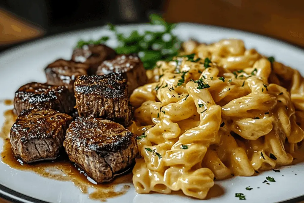 Garlic Butter Steak Bites with Spicy Cajun Alfredo Twisted Pasta