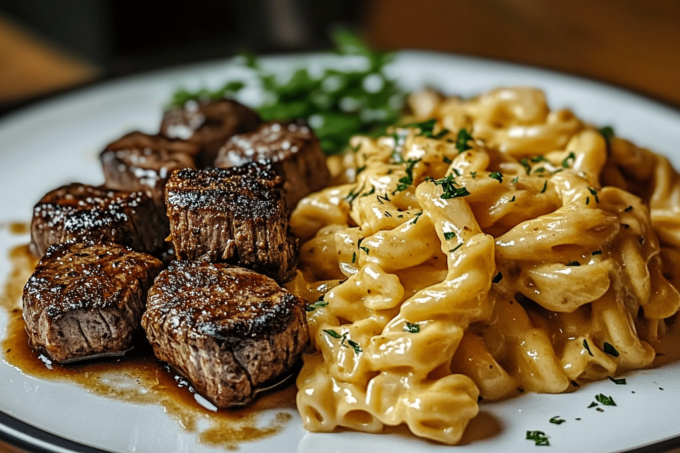 Garlic Butter Steak Bites with Spicy Cajun Alfredo Twisted Pasta