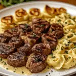 Garlic Butter Steak with Cheesy Alfredo Tortellini