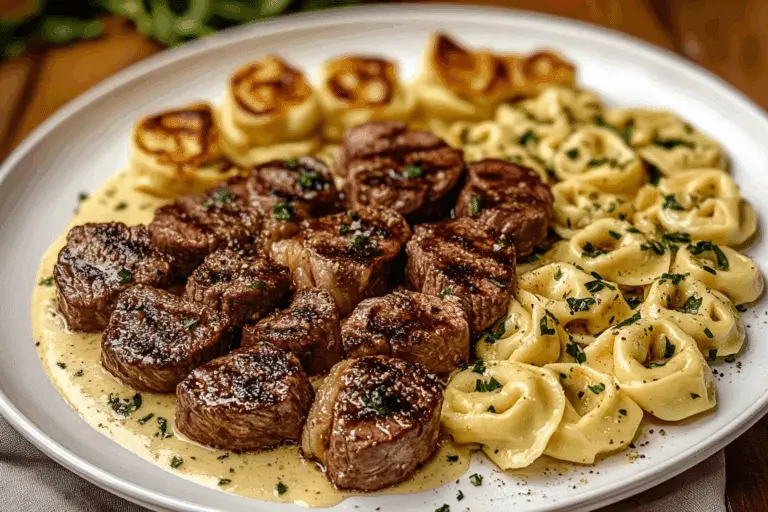 Garlic Butter Steak with Cheesy Alfredo Tortellini