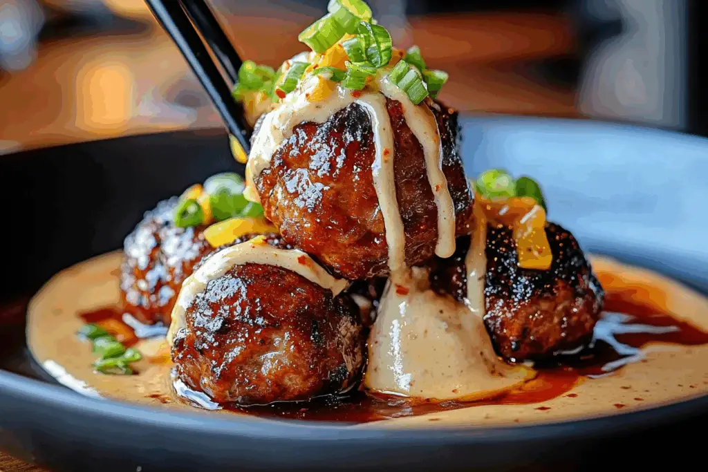 Korean BBQ Meatballs with Spicy Mayo Dip