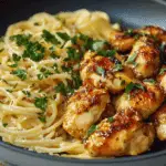 Lemon garlic butter chicken served with creamy parmesan linguine