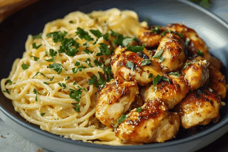 Lemon garlic butter chicken served with creamy parmesan linguine