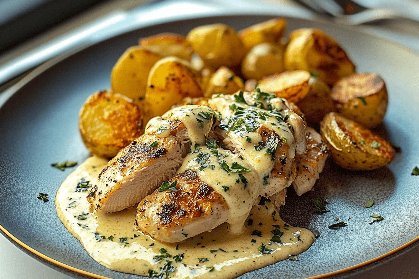 Lemon-Garlic Greek Chicken Alfredo with Crispy Truffle Parmesan Potatoes