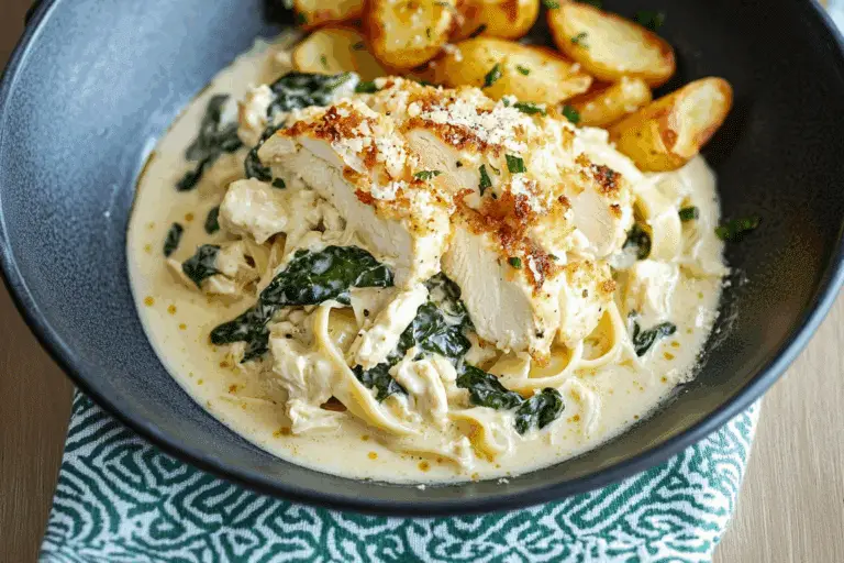 Spinach-Artichoke Garlic Chicken Alfredo with Crispy Parmesan Potatoesa
