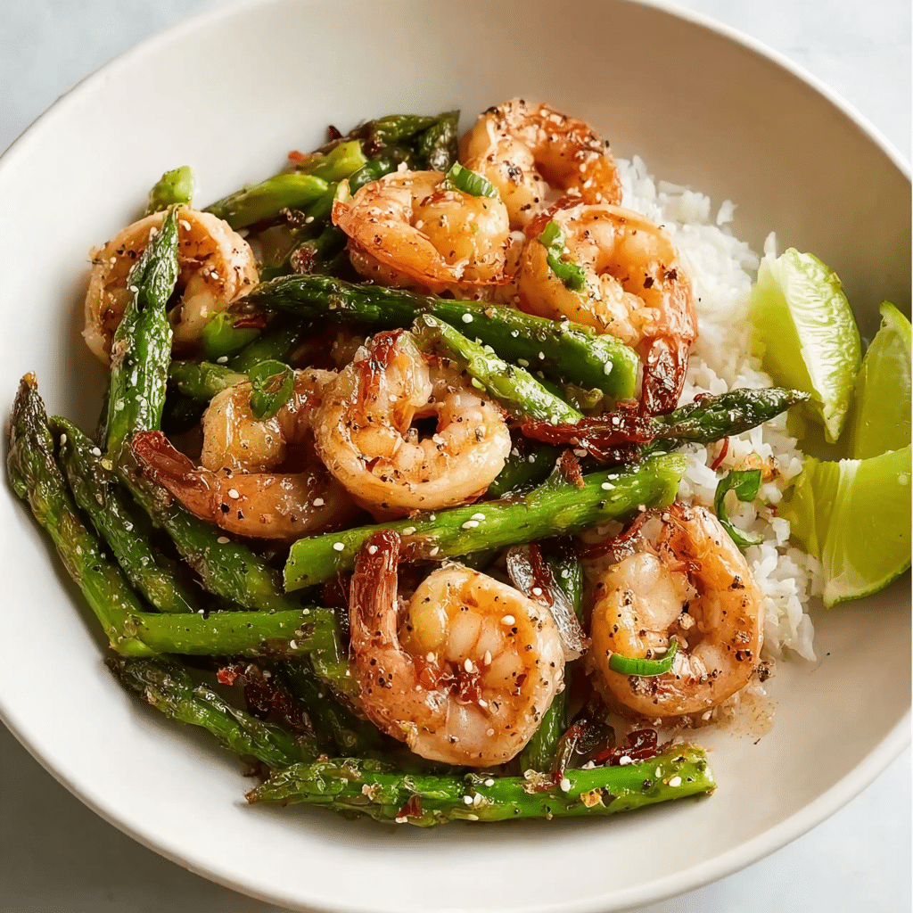 Plated shrimp and asparagus stir fry with jasmine rice