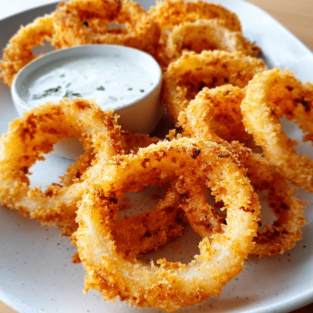 Air fryer onion rings stacked with tartar sauce