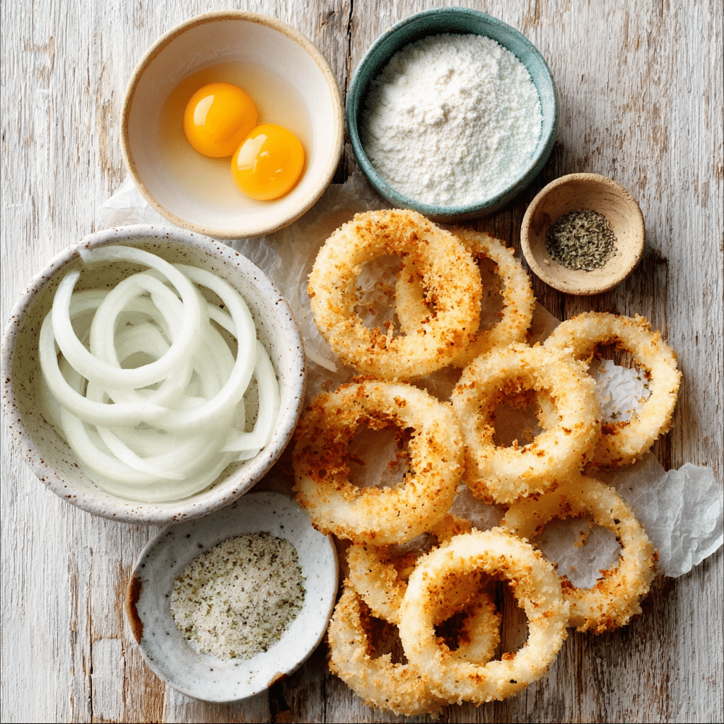 Ingredients for air fryer onion rings on a wooden surface