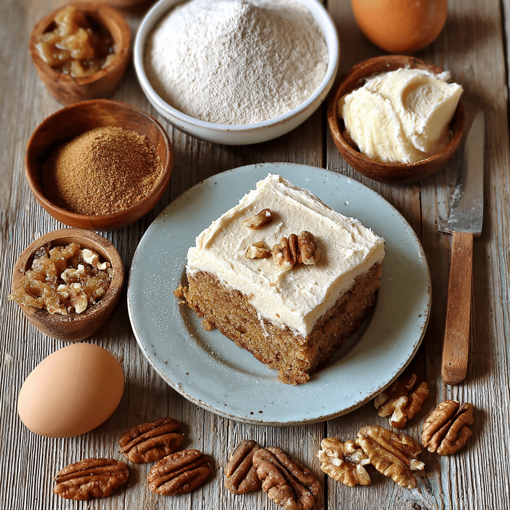 Ingredients for applesauce cake including flour, eggs, and cinnamon