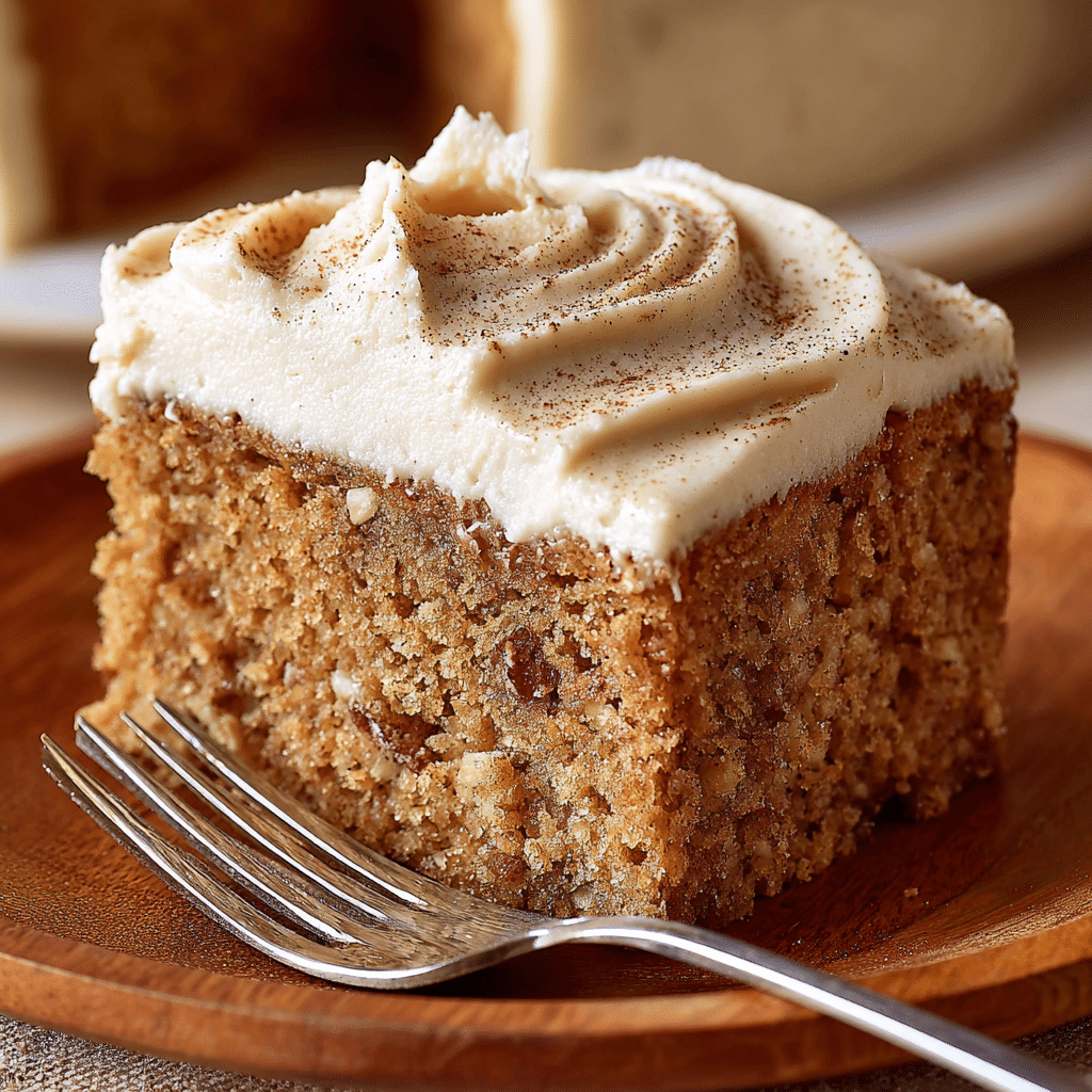 Moist applesauce cake slice with cinnamon cream cheese frosting
