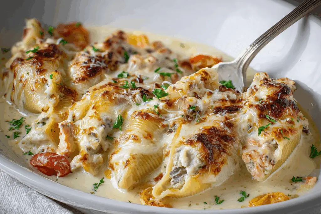 Baked Stuffed Shells in Velvety Cream Sauce