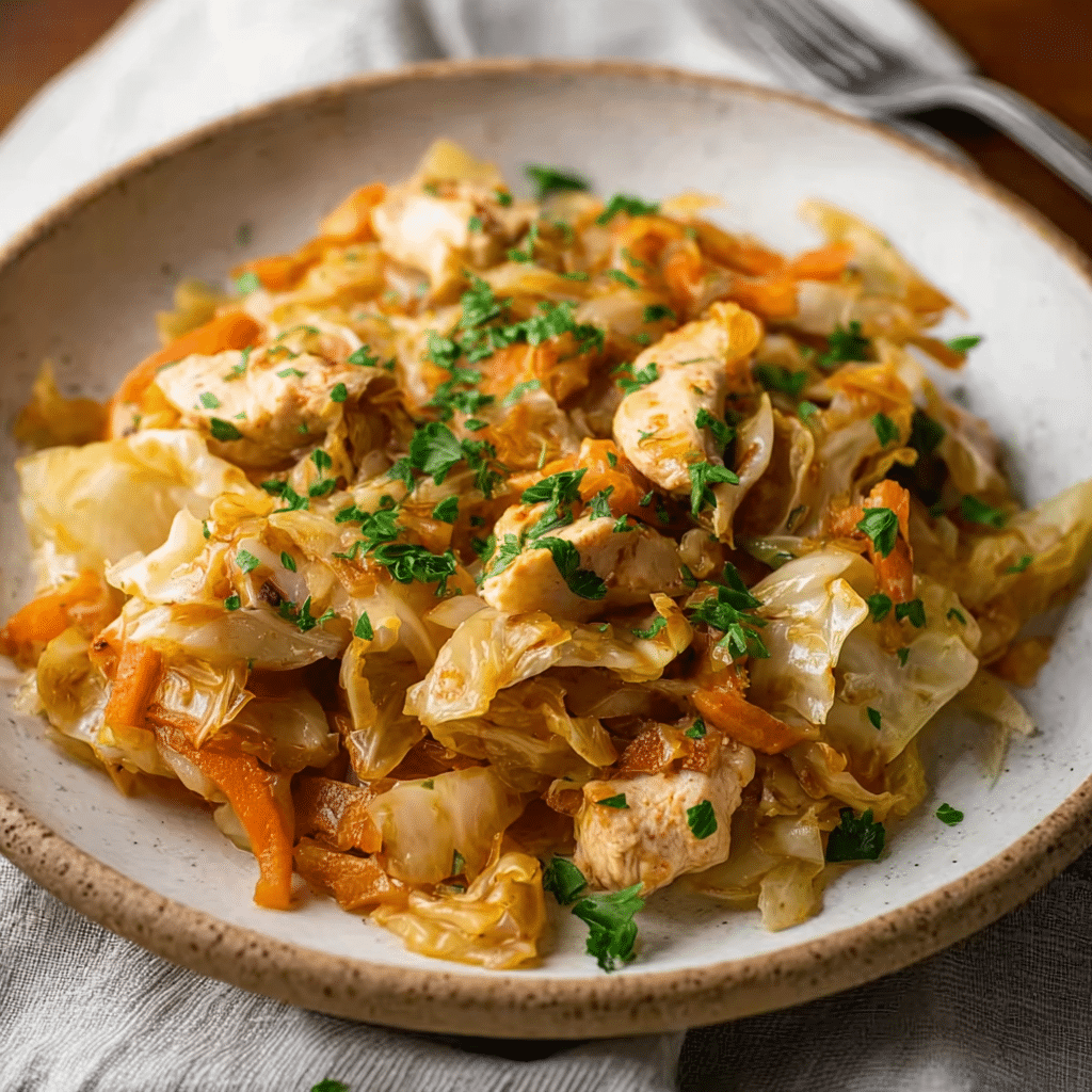 Plated serving of cabbage sauteed with chicken and parsley