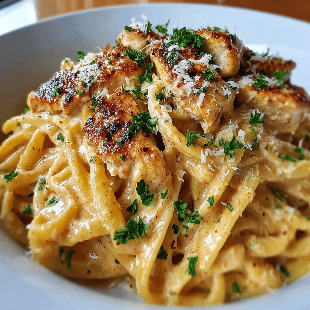 Romantic Cajun chicken pasta dinner setup with wine and candles