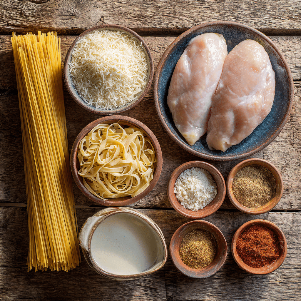 Ingredients for Cajun Chicken & Creamy Parmesan Linguine recipe arranged on kitchen counter