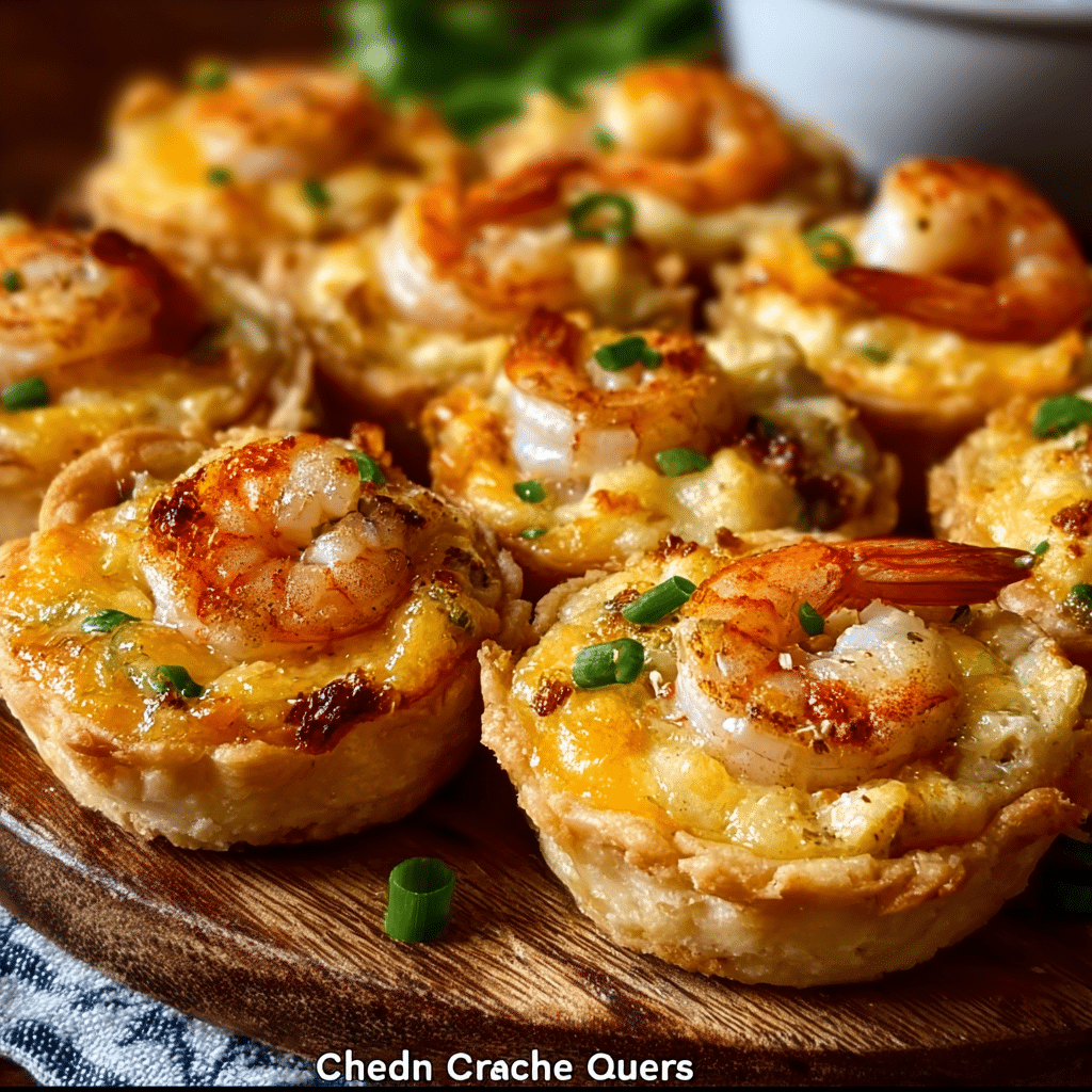 Cheddar Crab and Shrimp Mini Quiches on wooden platter