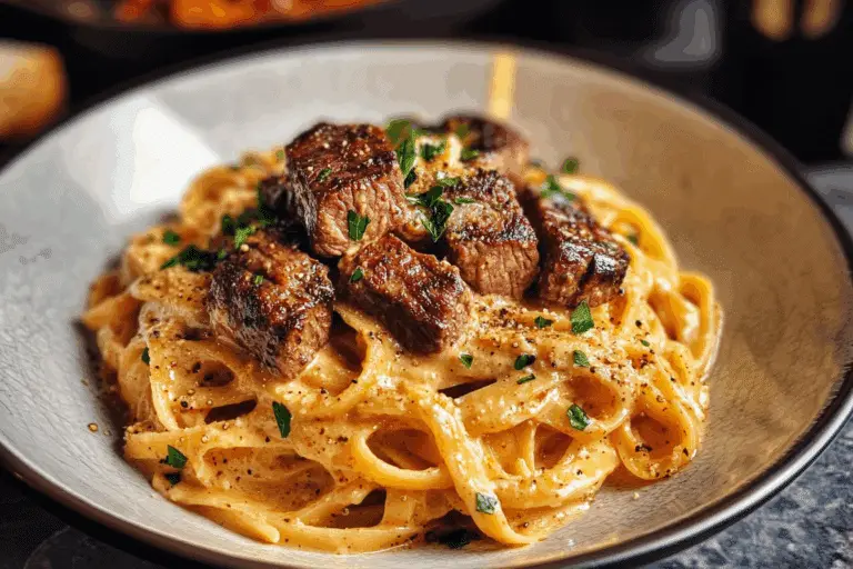 Cheesy Cajun Steak Linguine with Creamy Garlic Sauce