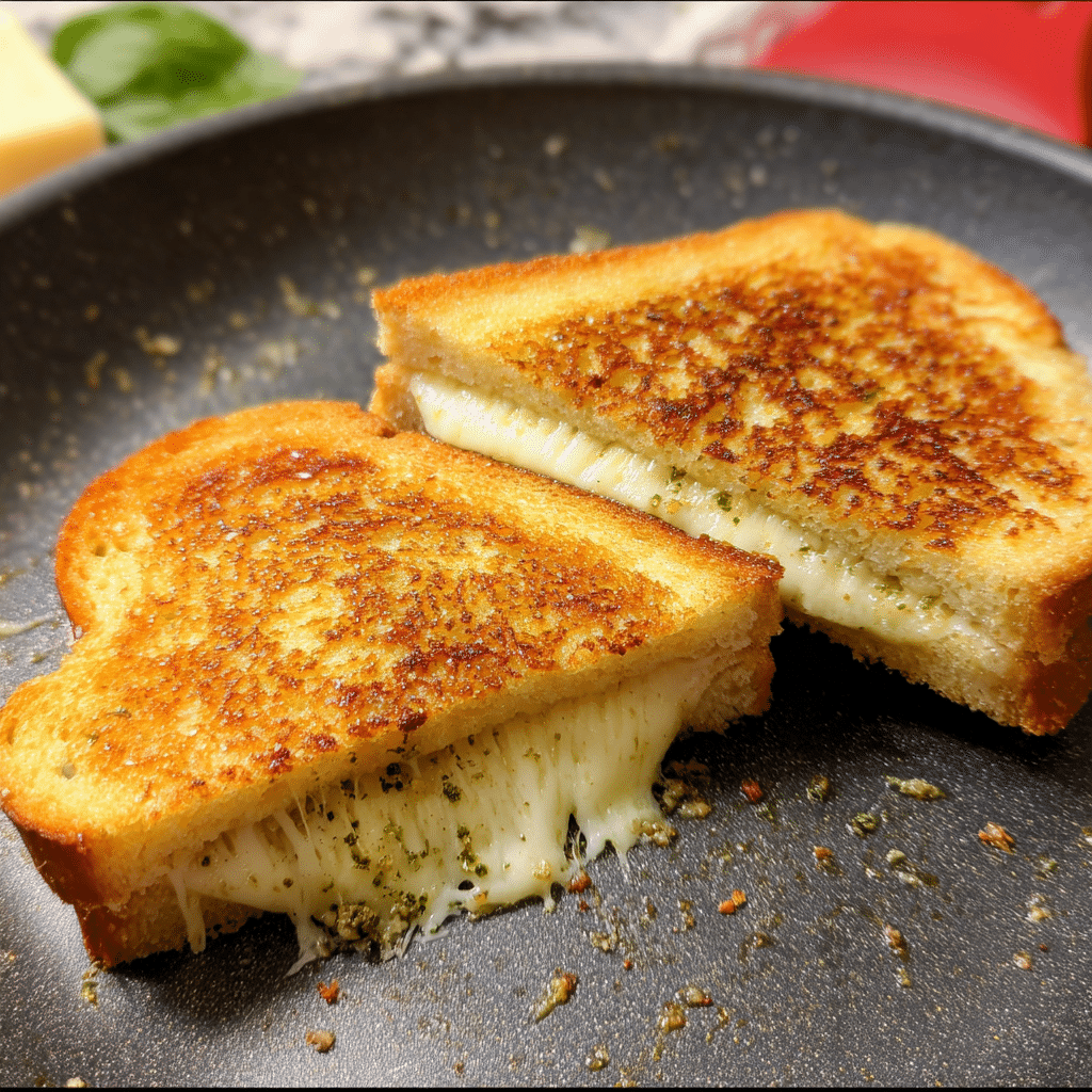 Cheesy grilled garlic bread sandwich cooking in skillet