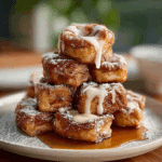 Cinnamon Roll French Toast Bites on a breakfast plate with icing and syrup
