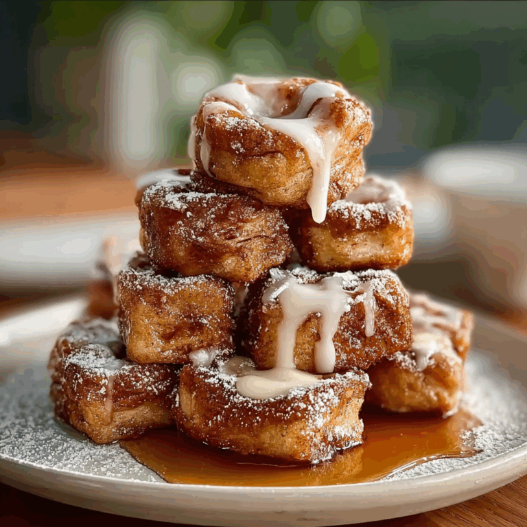 Cinnamon Roll French Toast Bites on a breakfast plate with icing and syrup