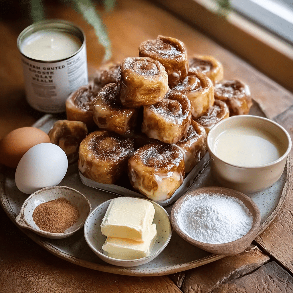 Ingredients for Cinnamon Roll French Toast Bites laid out on a wooden kitchen counter