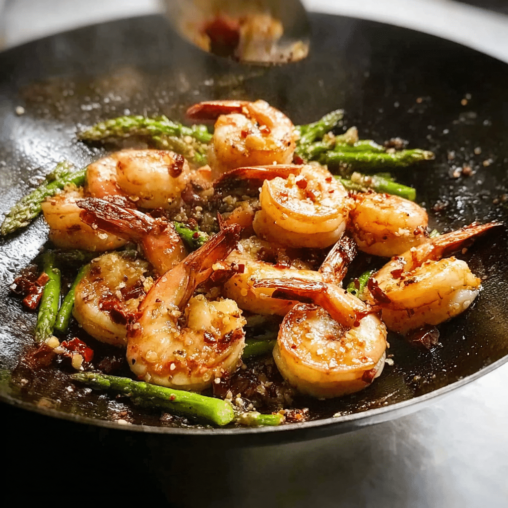 Shrimp being stir fried in wok with garlic and chili