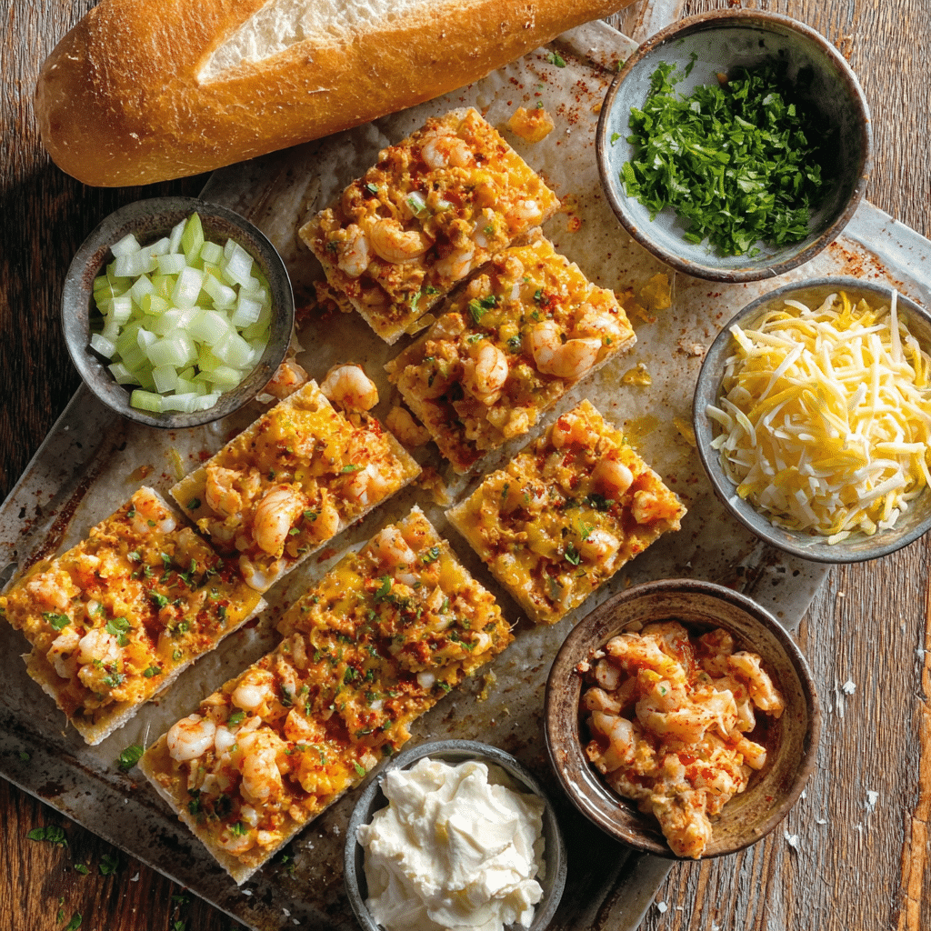 Crawfish Bread ingredients arranged on a kitchen counter