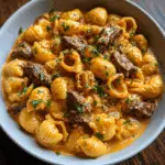 creamy paprika steak shells with seared steak and pasta in smoky sauce