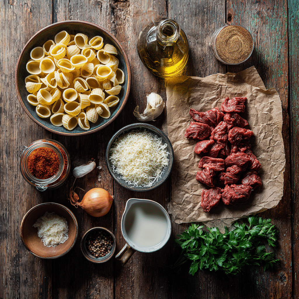 raw ingredients for creamy paprika steak shells including steak, pasta, cream, and paprika