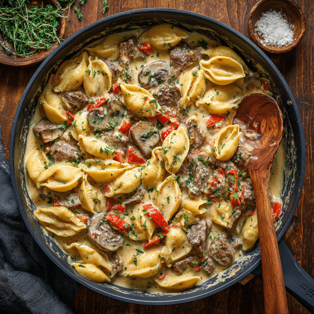 steak strips sizzling in skillet with paprika seasoning