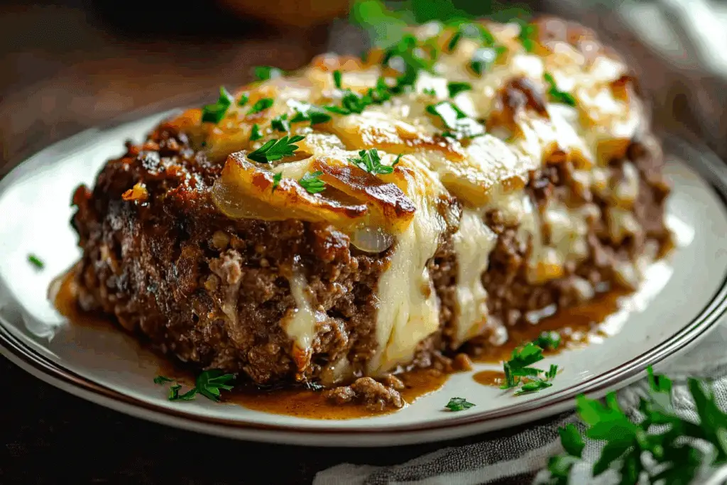Crockpot Meatloaf Topped with French Onion & Swiss Cheese Goodness