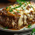 Crockpot Meatloaf Topped with French Onion & Swiss Cheese Goodness