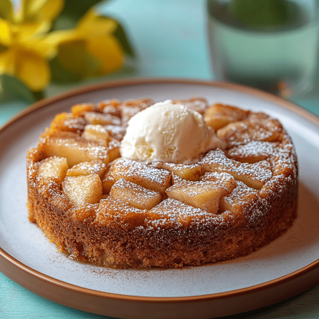 slice of cinnamon apple cake served with vanilla ice cream