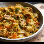 Skillet of cabbage sauteed with chicken on a wooden counter