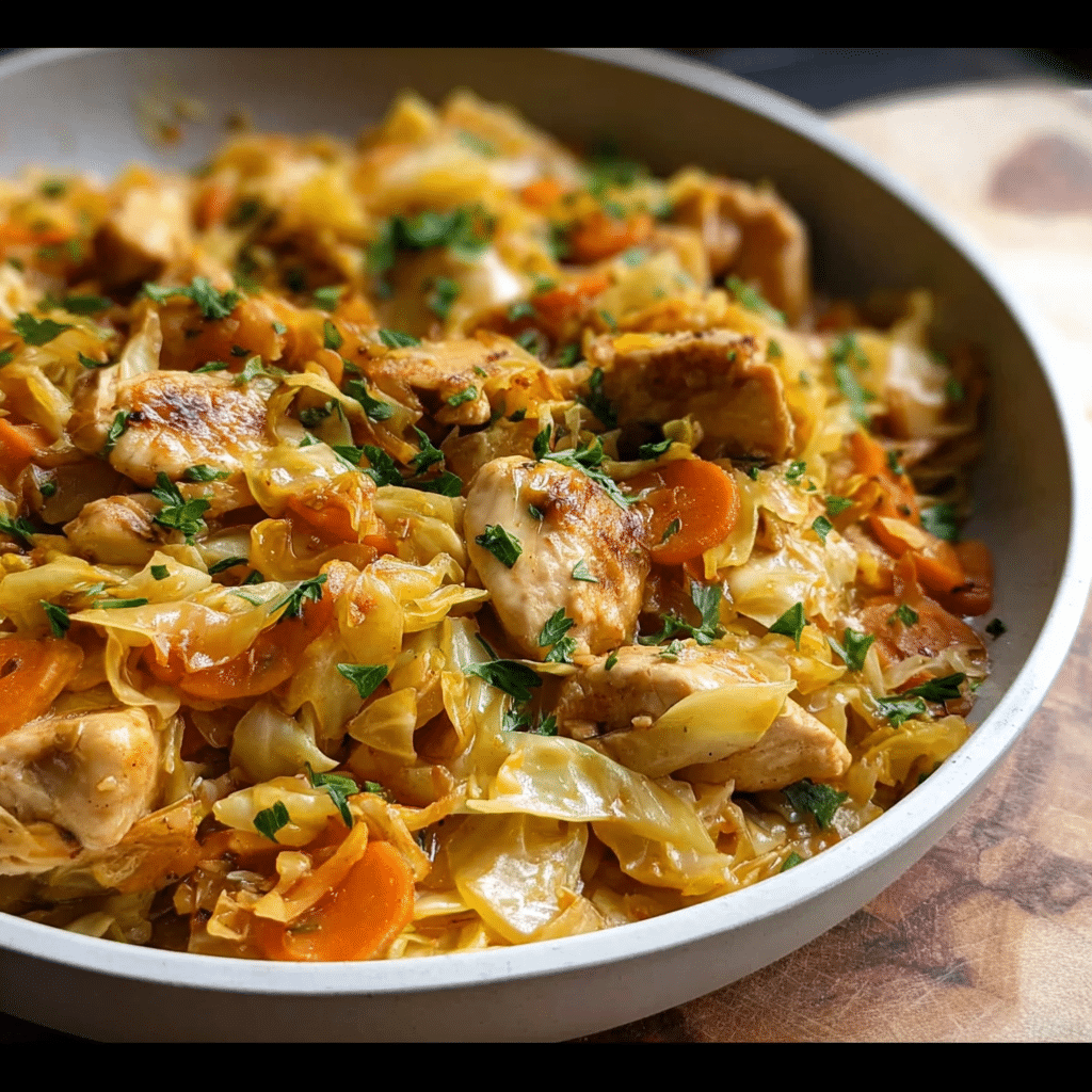 Skillet of cabbage sauteed with chicken on a wooden counter