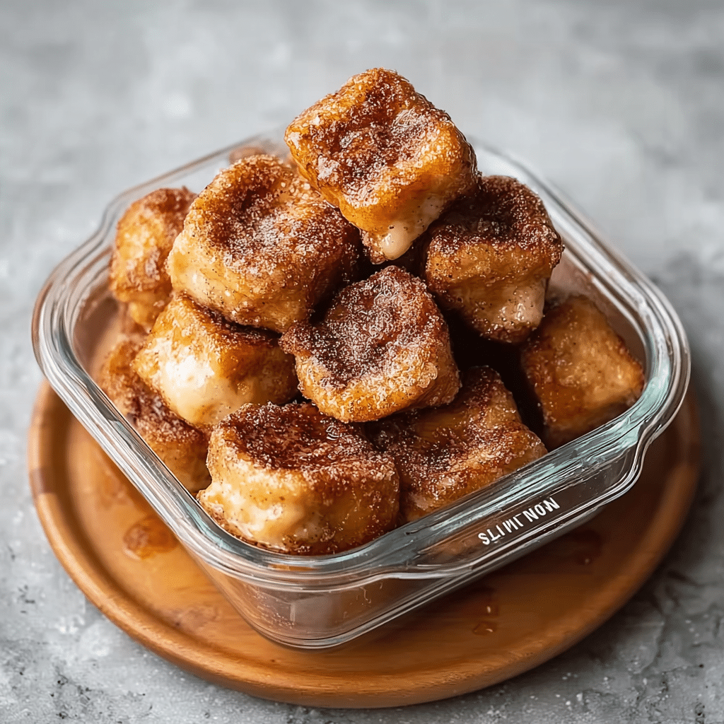 Cinnamon roll French toast bites stored in a container for freezing